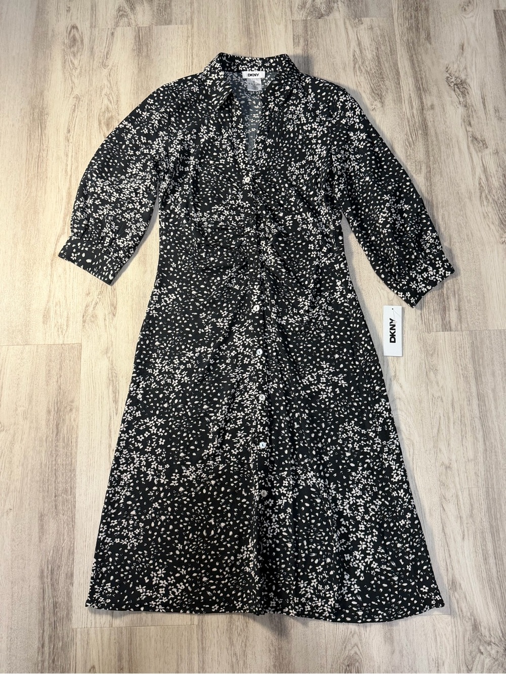 DKNY Black and White Floral Midi Shirt Dress